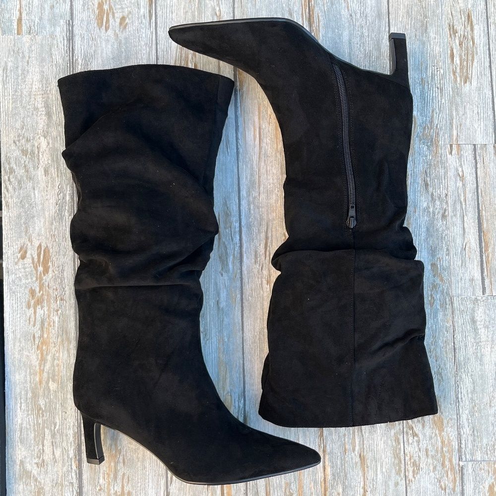 Women's Faux Suede Slouch Boots with Kitten Heels Black Size 7.5 Wide